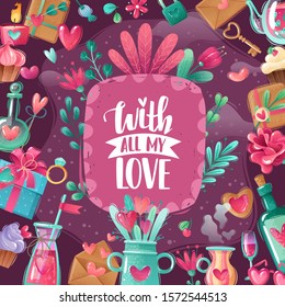 Valentine's day greeting card in shabby chic textured cartoon style. Purple-pink gamma. Bright colors and shades. Collection of items on a romantic love theme. Frame square vector illustration