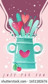 Valentine's day greeting card in shabby chic textured cartoon style. Delicate pastel colors. Bright colors and shades. Collection of items on a romantic love theme. Gift vector poster