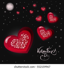 Valentine's Day Greeting Card With Shiny Hearts isolated on black. Romantic illustration on holiday. Love card with red hearts.