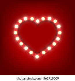 Valentines Day greeting card shiny light sign. Heart banner with light bulbs.