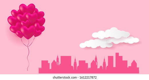 Valentines Day Greeting Card. Silhouette of a cityscape and pink flying hearts balloons. Vector illustration EPS10
