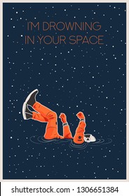 Valentine's Day Greeting Card Sinking Astronaut, Drowning in Starry Space Original Illustration 