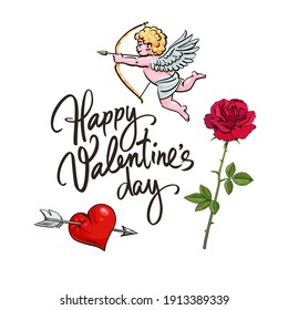 Valentines Day greeting card. Sketch of cute Cupid aiming bow and arrow red rose, heart pierced by arrow, Happy Valentine's Day handwritten text. Vector illustration isolated on white background.