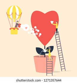 Valentine's day greeting card. Small  people grow and care about love, like a flower. Vector illustration