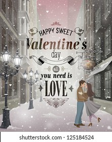 Valentine`s Day greeting card - snowy romantic street.