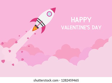 Valentines day greeting card with spacecraft start up to sky background