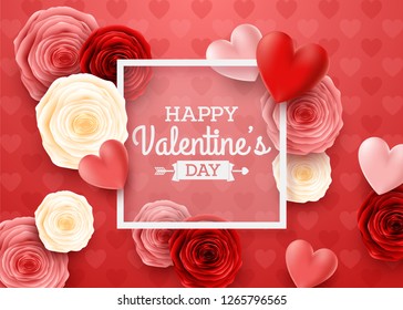 Valentines day greeting card with square frame and hearts background