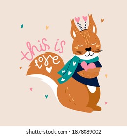 Valentine's Day greeting card with squirrel. Design for valentine.  Vector illustration.