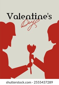 Valentine's Day greeting card. Story cover featuring a couple giving a flower or a gift, vector illustration.