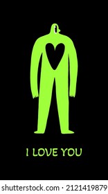 Valentine's Day Greeting Card With Surreal Neon Colored Contemporary Abstract Human With Huge Heart. I Love You Text. Hand-drawn 90s Style Translucent Creature's Silhouette With Big Eyes. 