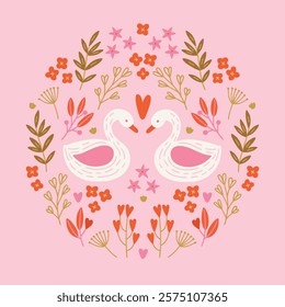 Valentine's Day greeting card with swans, hearts, flowers, leaves on pink background. Circle ornament. Perfect for seasonal holidays and romantic decorations. Vector illustration