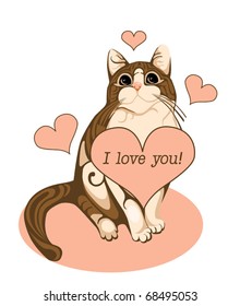 valentines day greeting card with tabby cat and heart