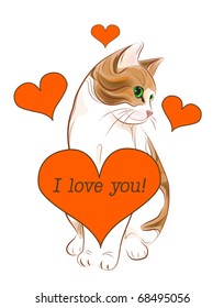 valentines day greeting card with tabby cat and heart