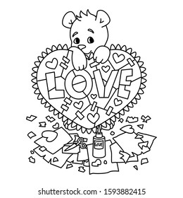 Valentines day greeting card with teddy bear with scrapbook heart. 14 february greeting card with hearts. Vector illustration isolated on white background. Print for coloring page.