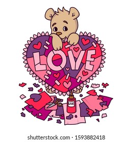 Valentines day greeting card with teddy bear with scrapbook heart. 14 february greeting card with hearts. Vector illustration isolated on white background. Print for invitations, postcard.