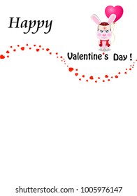 Valentines day greeting card or template with cute cartoon rabbit in red hat with ear flaps holding red heart shaped balloon  on white background with festive lettering. Vector border, space for text.