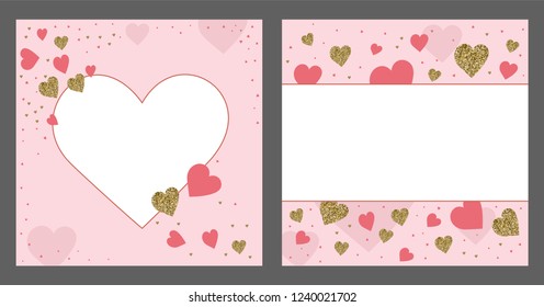 Valentine's day greeting card template. Gold and pink colors. Glitter frame. Hand drawn heart. Design for wedding. February 14