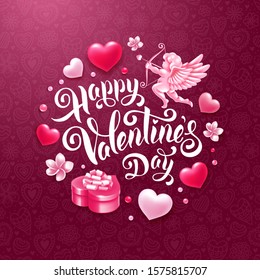 Valentines day greeting card template. Calligraphic inscription Happy Valentines Day with hearts, gift box and flowers. Realistic figure of cupid. Seamless pattern on background. Vector illustration.