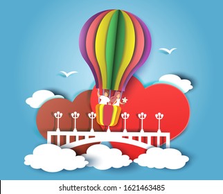 Valentines day greeting card template. Happy couple flying in hot air balloon in the sky, two hearts, vector illustration in paper art craft style.