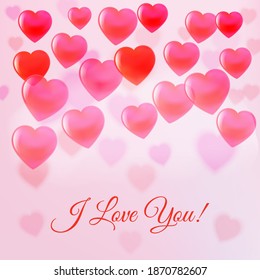 Valentines Day greeting card template with flying balloon hearts and I love you description. Premium vector.