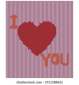 Valentines Day Greeting Card Template. I Love You Text On Knitted Pattern Background. Heart On The Knitting Pattern.