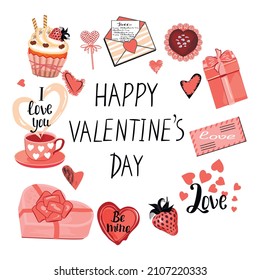 Valentines Day greeting card template with cute romantic elements and hand lettered text.Cupcake, cup , candy packaging, envelopes,strawberry and hearts.Isolated illustration for Valentines day .