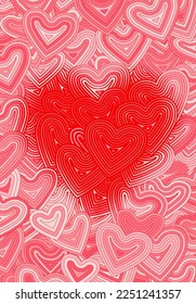 Valentine's Day greeting card template or background with hearts and line ornament. Retro fashion hippie psyhedelic design.