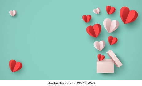 Valentine's day greeting card template. Open gift box with decorative papercut flying hearts. Creative vector design for Women's, Mother's, Valentine's Day and Birthday with pastel colors