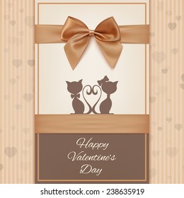 Valentine's Day greeting card template with two cats, bow and ribbon. Invitation. Vector illustration