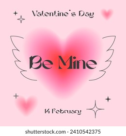 Valentines Day greeting card template in 90s style.Romantic vector illustrations in y2k aesthetic with linear shapes,blurred hearts,wings,sparkles.Modern design for smm,invitations,prints,promo offers