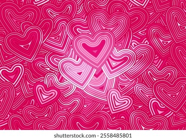 Valentine's Day greeting card template or background with hearts and line ornament. Retro fashion hippie psyhedelic design