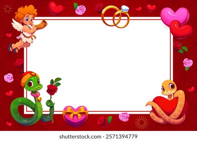 Valentines day greeting card template. Vector romantic frame featuring cherub, hearts, rose flowers, wedding rings and charming snakes on red background with festive patterns surrounds a blank space