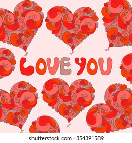 Valentine`s Day greeting card template. Heart with spirals. Conceptual hand drawing phrase Love You