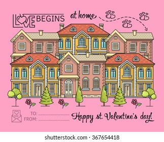 Valentines day greeting card template. Unusual creative Valentines day card. Flat thin line stroke vector concept. House, heart, home, love, quote. Modern minimal illustration. Love begins at home