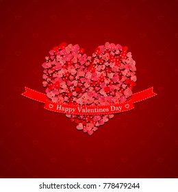 Valentines day greeting card template with paper hearts and ribbon. Vector illustration.