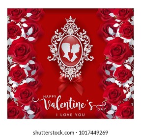 Valentine's day greeting card templates  realistic beautiful red rose with paper art and craft style on red colored paper.