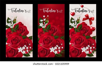 Valentine's day greeting card templates with realistic of beautiful red rose on background color.