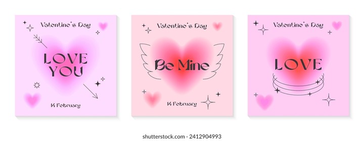 Valentines Day greeting card templates in 90s style.Romantic vector illustrations in y2k aesthetic with linear shapes,blurred hearts,wings,sparkles.Modern designs for smm,invitations,prints,promos.