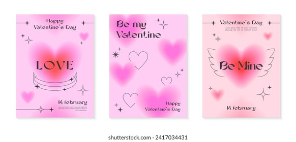 Valentines Day greeting card templates in 90s style.Romantic vector illustrations in y2k aesthetic with linear shapes,blurred hearts,wings,sparkles.Modern designs for smm,invitations,prints,promos.