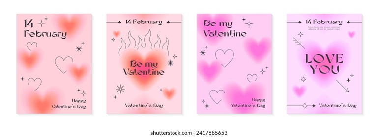 Valentines Day greeting card templates in 90s style.Romantic vector illustrations in y2k aesthetic with linear shapes,blurred hearts,flame,sparkles.Modern designs for smm,invitations,prints,promos.