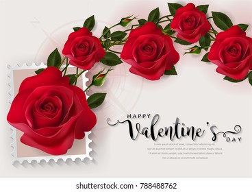 Valentine's day greeting card templates with realistic of beautiful red rose on background color. Vector Eps.10