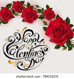 Valentine's day greeting card templates with realistic of beautiful red rose and text  freehand drawing on background color. Vector Eps.10