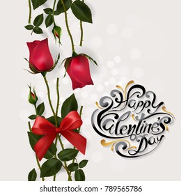 Valentine's day greeting card templates with realistic of beautiful red rose and text freehand drawing on background color. Vector Eps.10