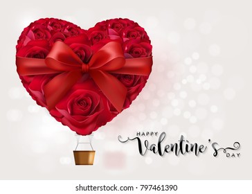 Valentine's day greeting card templates with realistic of beautiful red rose balloon air concept on background color. Vector Eps.10