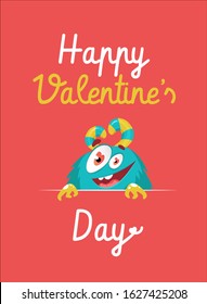 Valentine's day greeting card. Text, quote: Happy Valentine's Day. cartoon flat funny happy kawaii monster. Love cute congratulation. Valentines smiling vector character, alien.