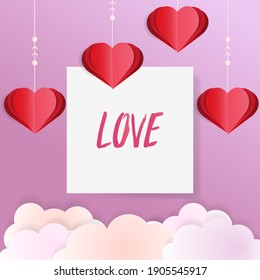 Valentine's day greeting card with text. 3d red paper hearts with clouds. Cute love banner or Valentines. Vector illustration.