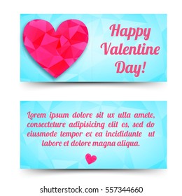 Valentines Day greeting card with text and polygonal geometric red heart on blue background isolated vector illustration