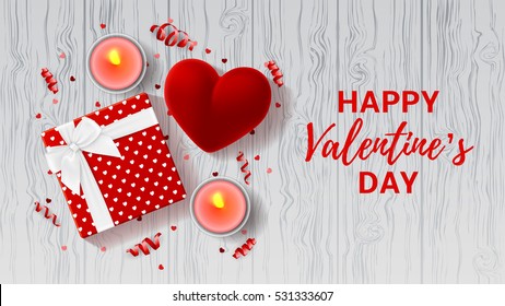 Valentine's Day greeting card. Top view on romantic composition with gift box and red case for ring. Beautiful backdrop with confetti and candles on wooden texture. Vector illustration.