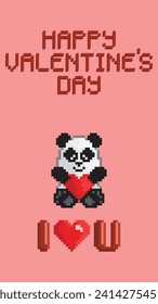 Tarjeta de saludo de San Valentín con un oso panda de juguete sosteniendo un corazón rojo. Estilo de arte de la Pixel