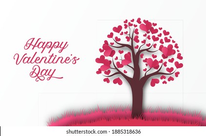 valentine's day greeting card with tree love leaves heart paper cut style